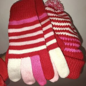Girls' Red & Pink Striped Knit Hat and Glove Set